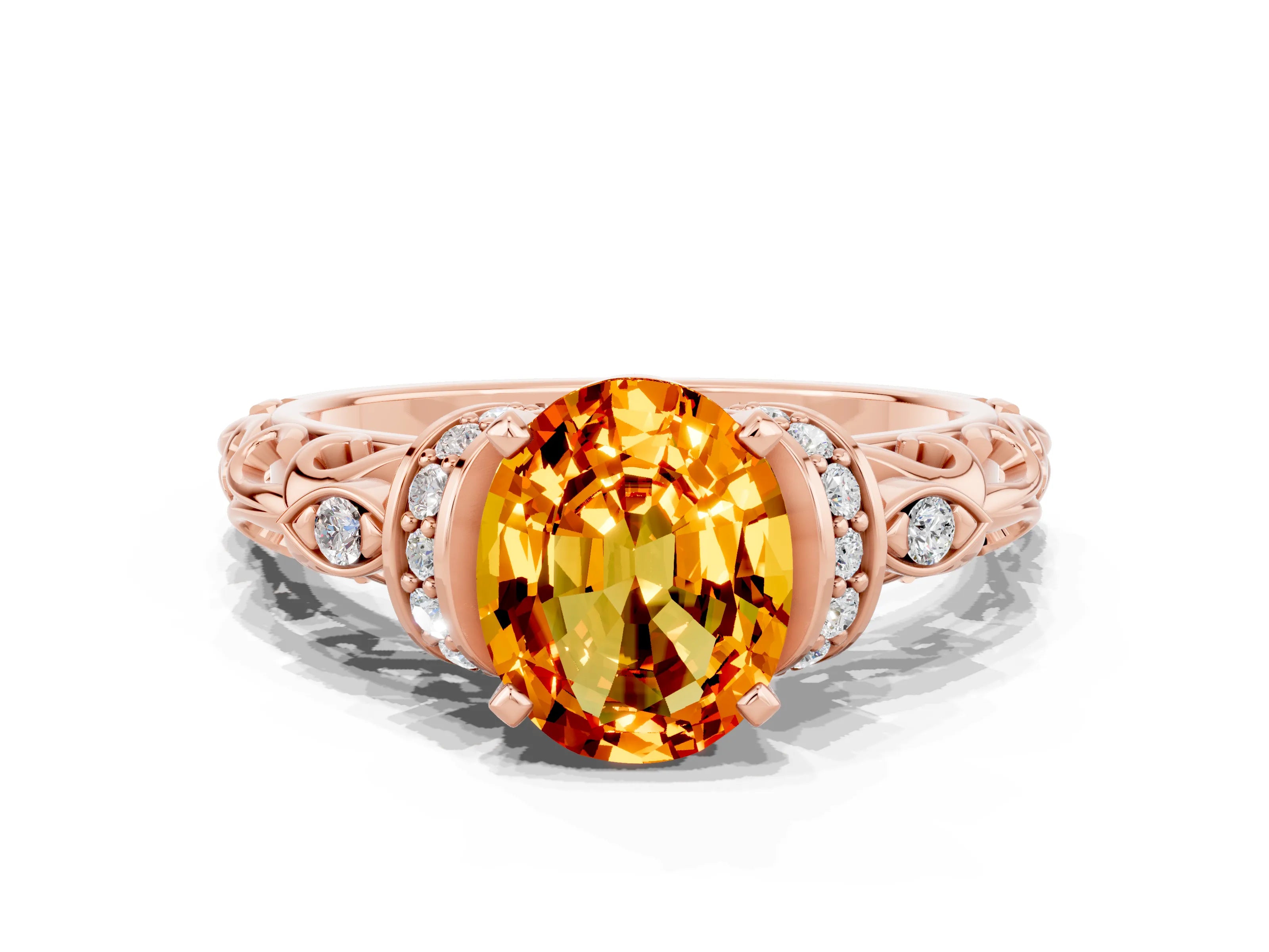 Rose gold Oval Cut Citrine Solitaire Ring with Filigree Band and Four-Prong Setting_24