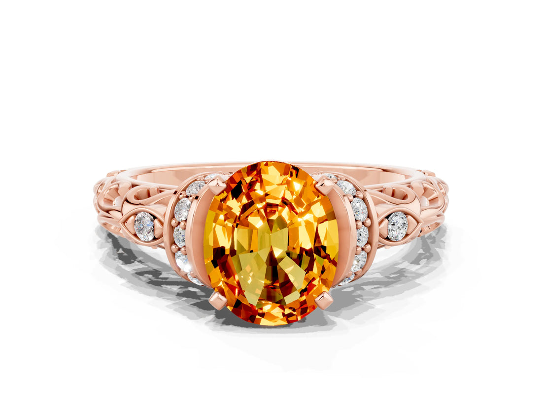 Rose gold Oval Cut Citrine Solitaire Ring with Filigree Band and Four-Prong Setting_24