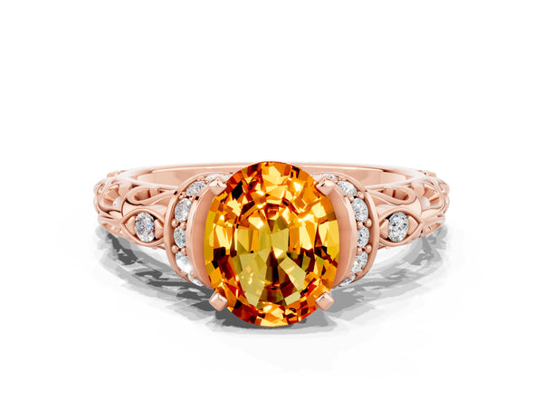 Rose gold Oval Cut Citrine Solitaire Ring with Filigree Band and Four-Prong Setting