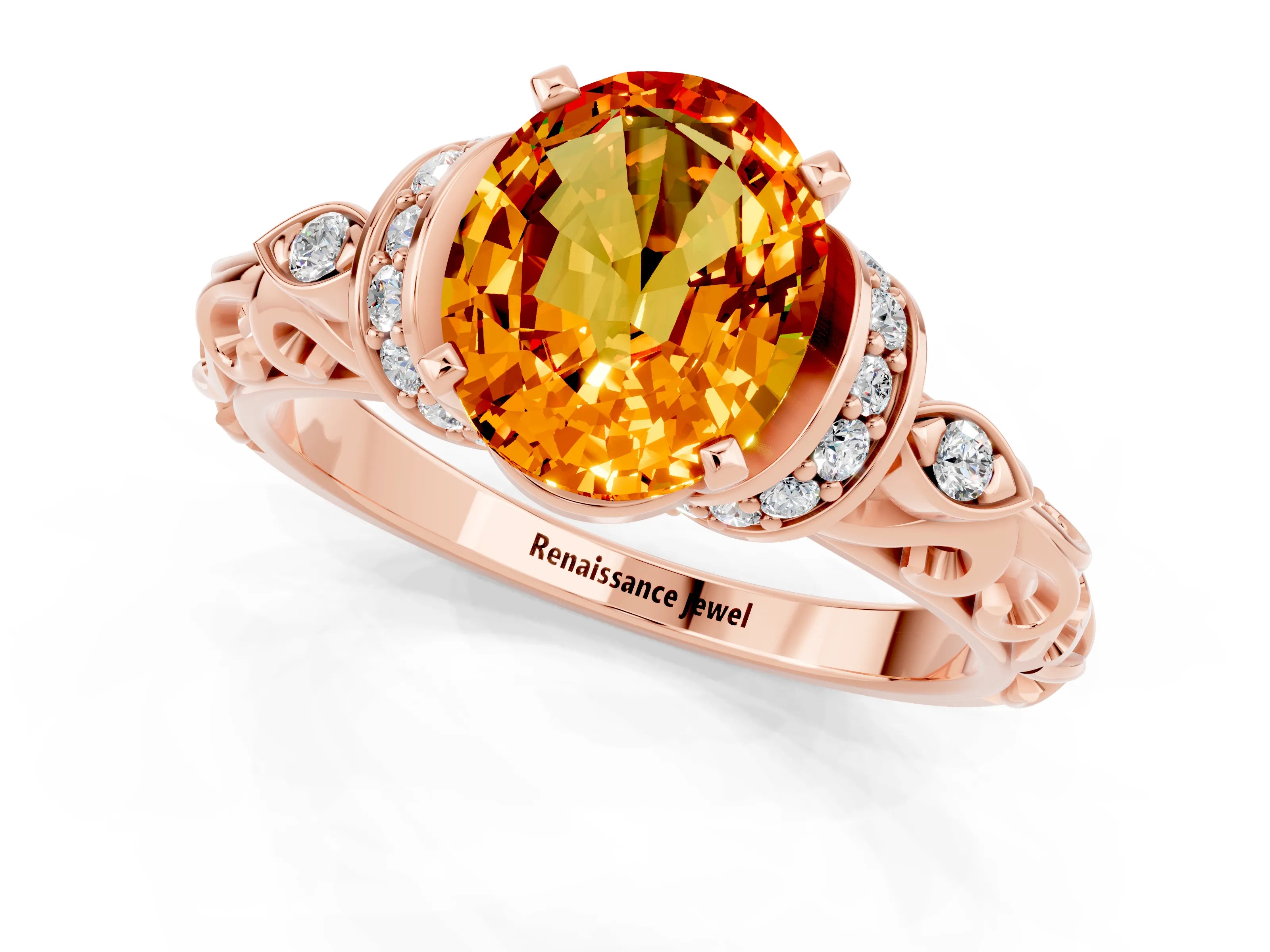 Rose gold Oval Cut Citrine Solitaire Ring with Filigree Band and Four-Prong Setting_25