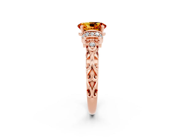 Rose gold Oval Cut Citrine Solitaire Ring with Filigree Band and Four-Prong Setting