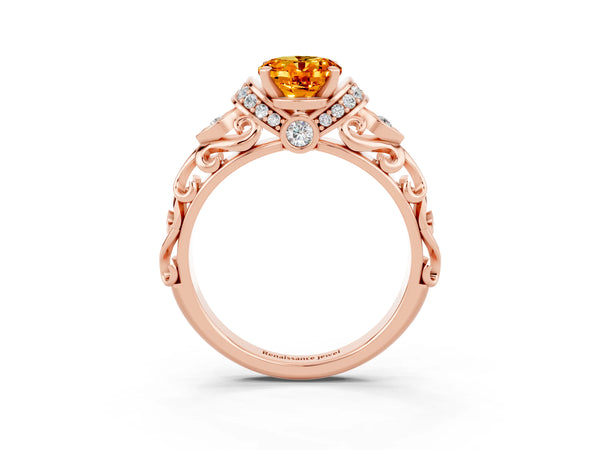 Rose gold Oval Cut Citrine Solitaire Ring with Filigree Band and Four-Prong Setting