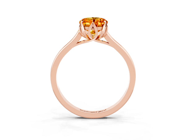 Rose gold Oval Cut Citrine Solitaire Ring with Flower Prong Setting and Classic Band
