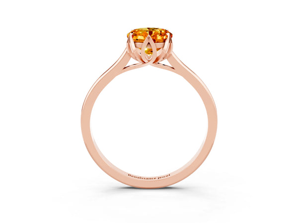 Rose gold Oval Cut Citrine Solitaire Ring with Flower Prong Setting and Classic Band