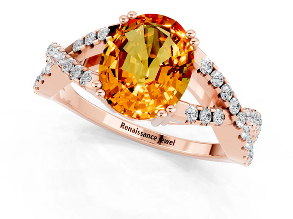 Rose gold Oval Cut Citrine Solitaire Ring with Four-Prong Setting and Twisted Pavé Band
