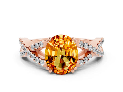 Rose gold Oval Cut Citrine Solitaire Ring with Four-Prong Setting and Twisted Pavé Band