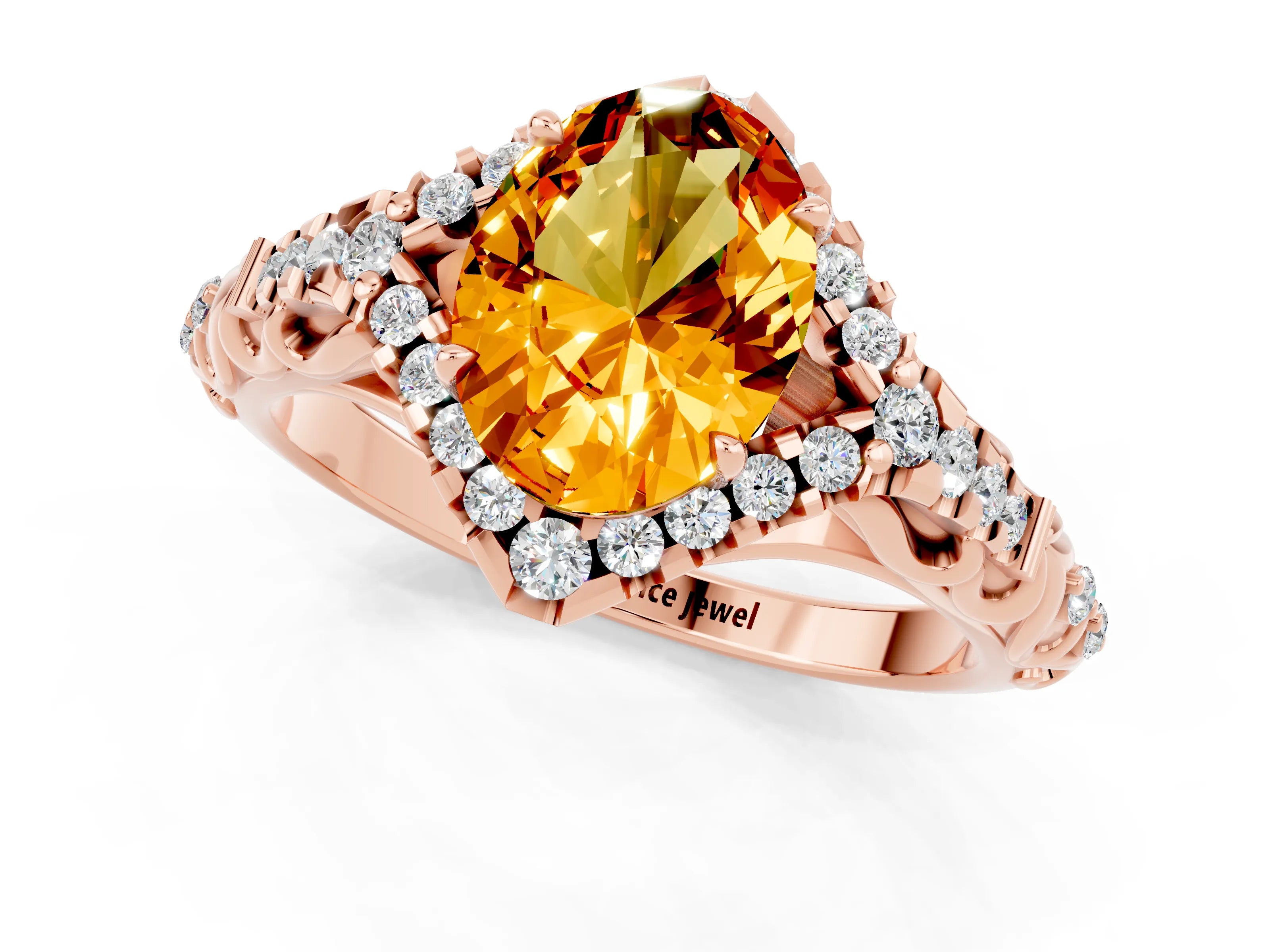 Rose gold Oval Cut Citrine Solitaire Ring with Hidden Halo and Pavé Band_13