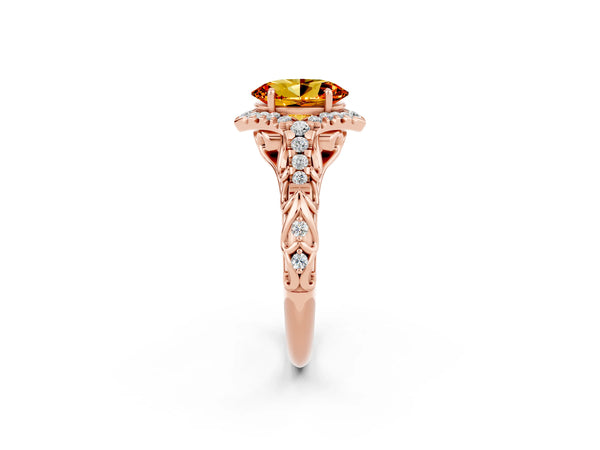 Rose gold Oval Cut Citrine Solitaire Ring with Hidden Halo and Pavé Band