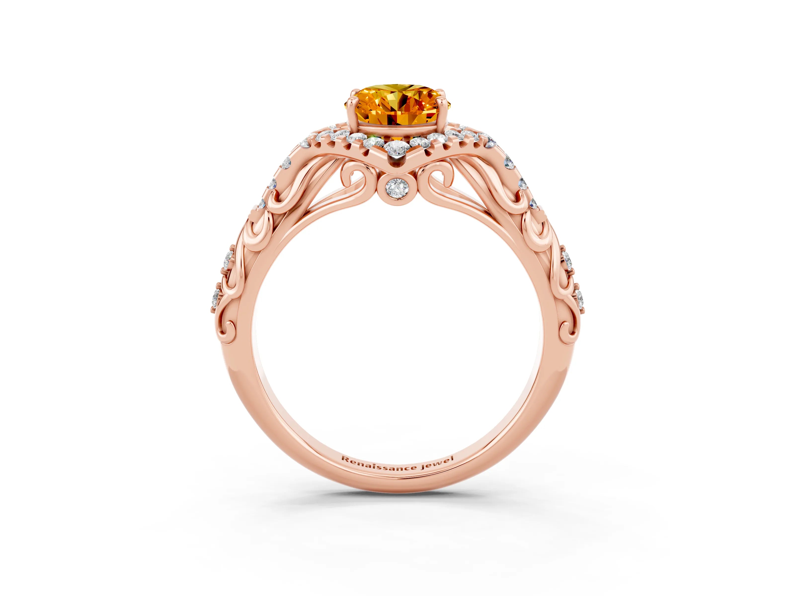 Rose gold Oval Cut Citrine Solitaire Ring with Hidden Halo and Pavé Band_15