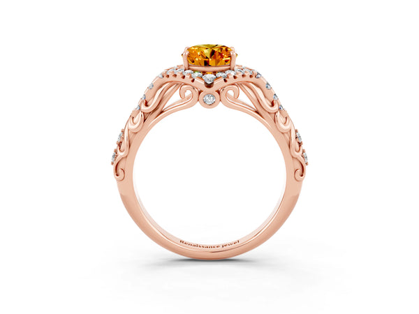 Rose gold Oval Cut Citrine Solitaire Ring with Hidden Halo and Pavé Band