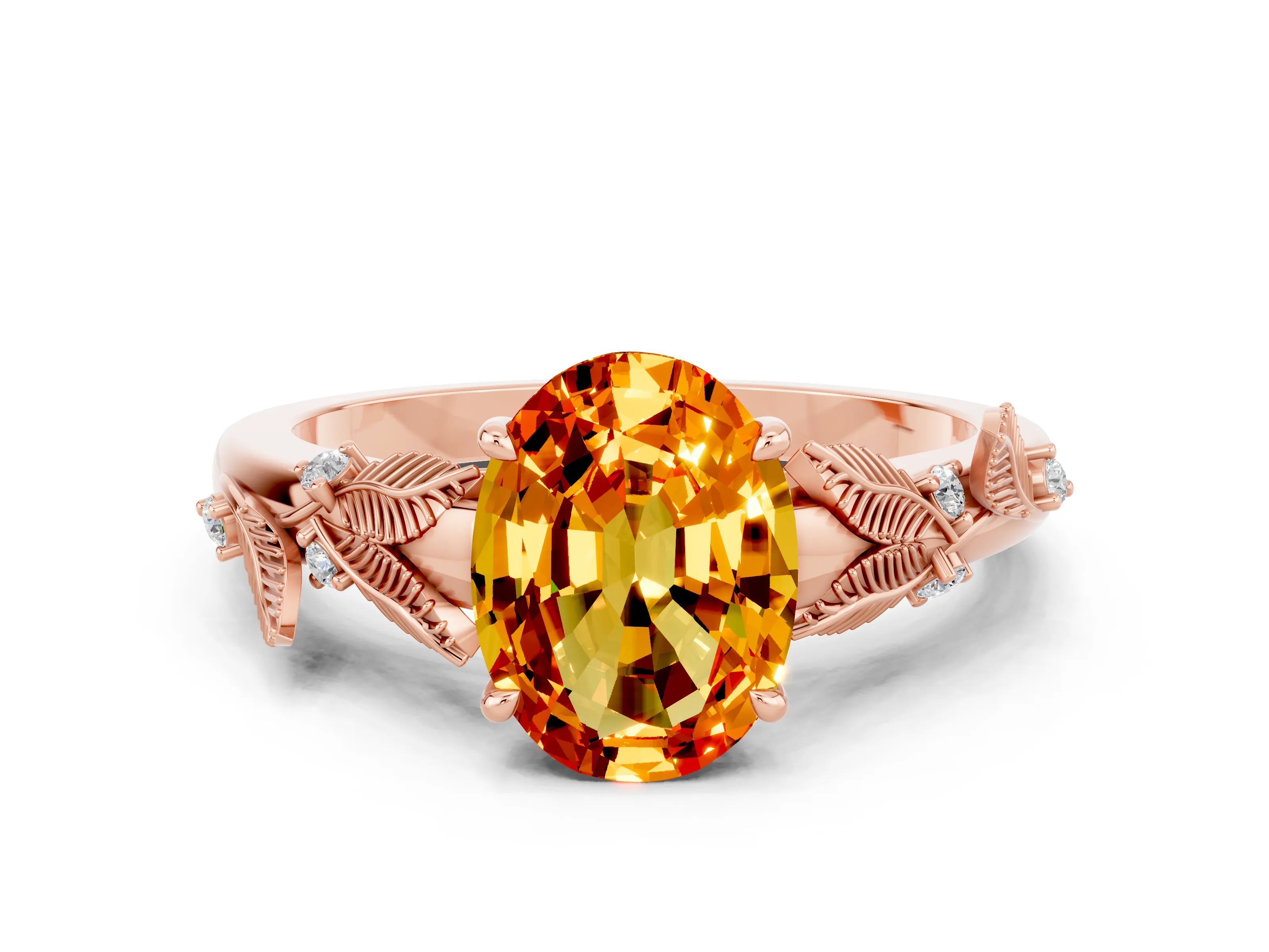 Rose gold Oval Cut Citrine Solitaire Ring with Leaf Motif Band and Four-Prong Setting