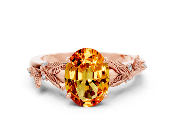 Rose gold Oval Cut Citrine Solitaire Ring with Leaf Motif Band and Four-Prong Setting