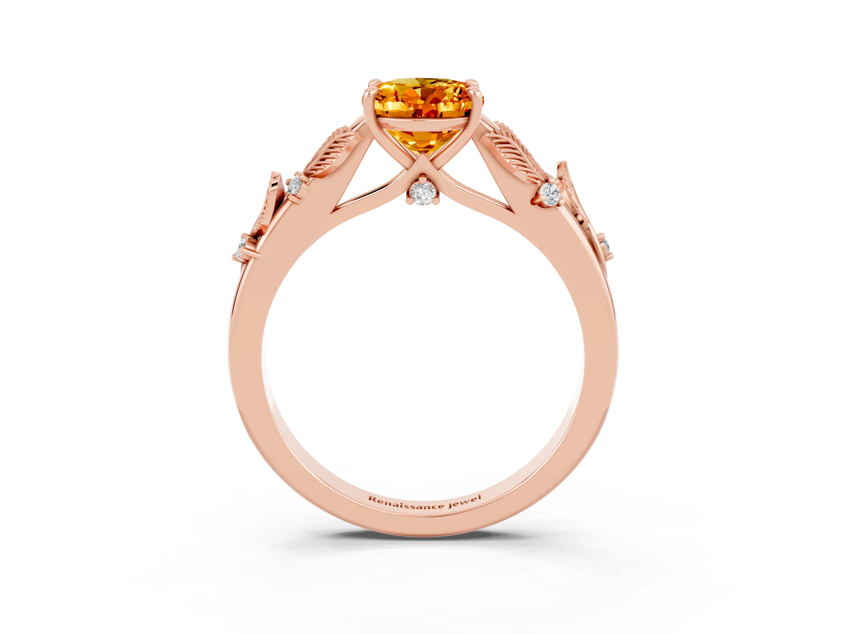 Rose gold Oval Cut Citrine Solitaire Ring with Leaf Motif Band and Four-Prong Setting_3