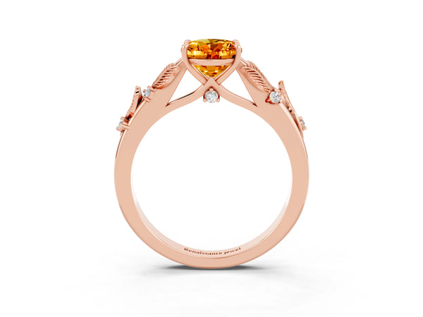 Rose gold Oval Cut Citrine Solitaire Ring with Leaf Motif Band and Four-Prong Setting