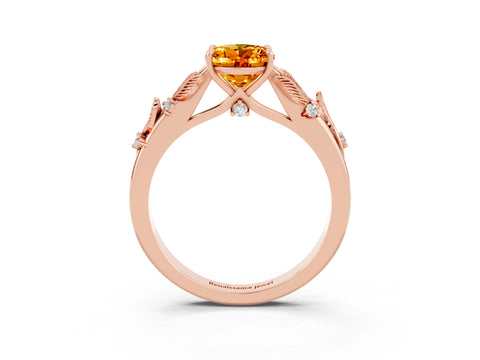 Rose gold Oval Cut Citrine Solitaire Ring with Leaf Motif Band and Four-Prong Setting_3