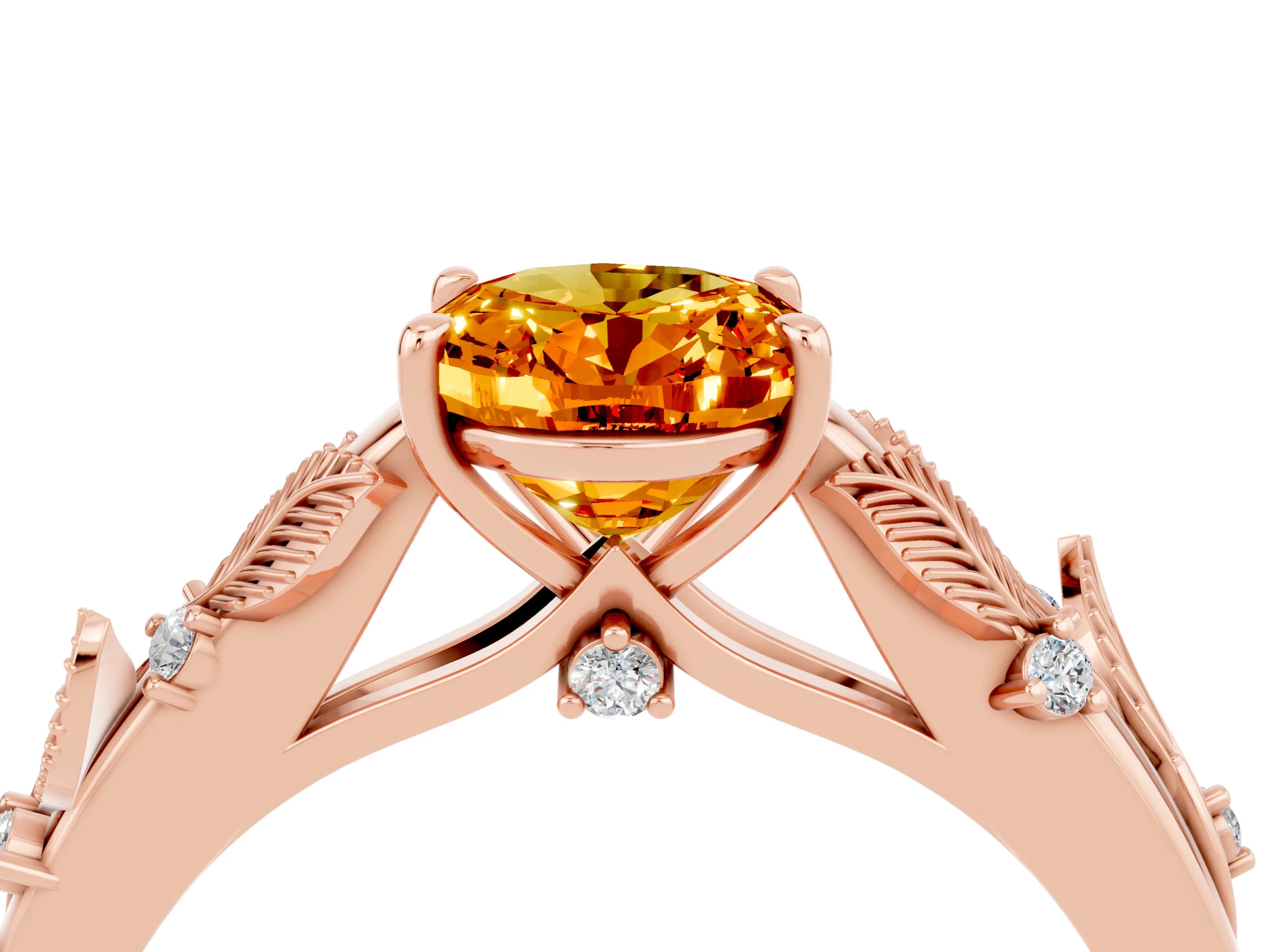 Rose gold Oval Cut Citrine Solitaire Ring with Leaf Motif Band and Four-Prong Setting_4