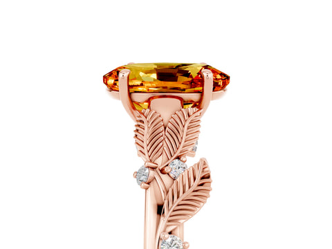 Rose gold Oval Cut Citrine Solitaire Ring with Leaf Motif Band and Four-Prong Setting_5