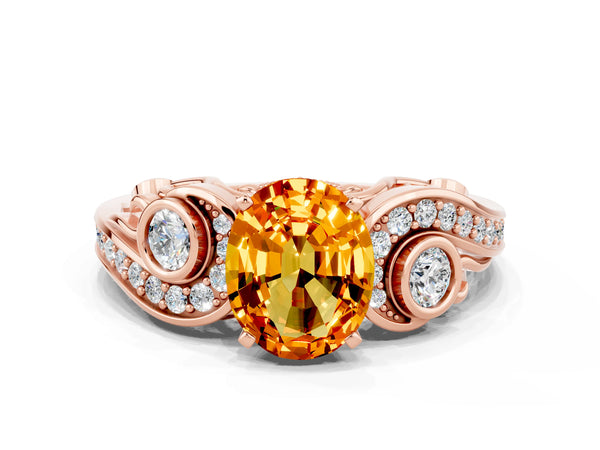 Rose gold Oval Cut Citrine Solitaire Ring with Milgrain Pavé Band and Four-Prong Setting