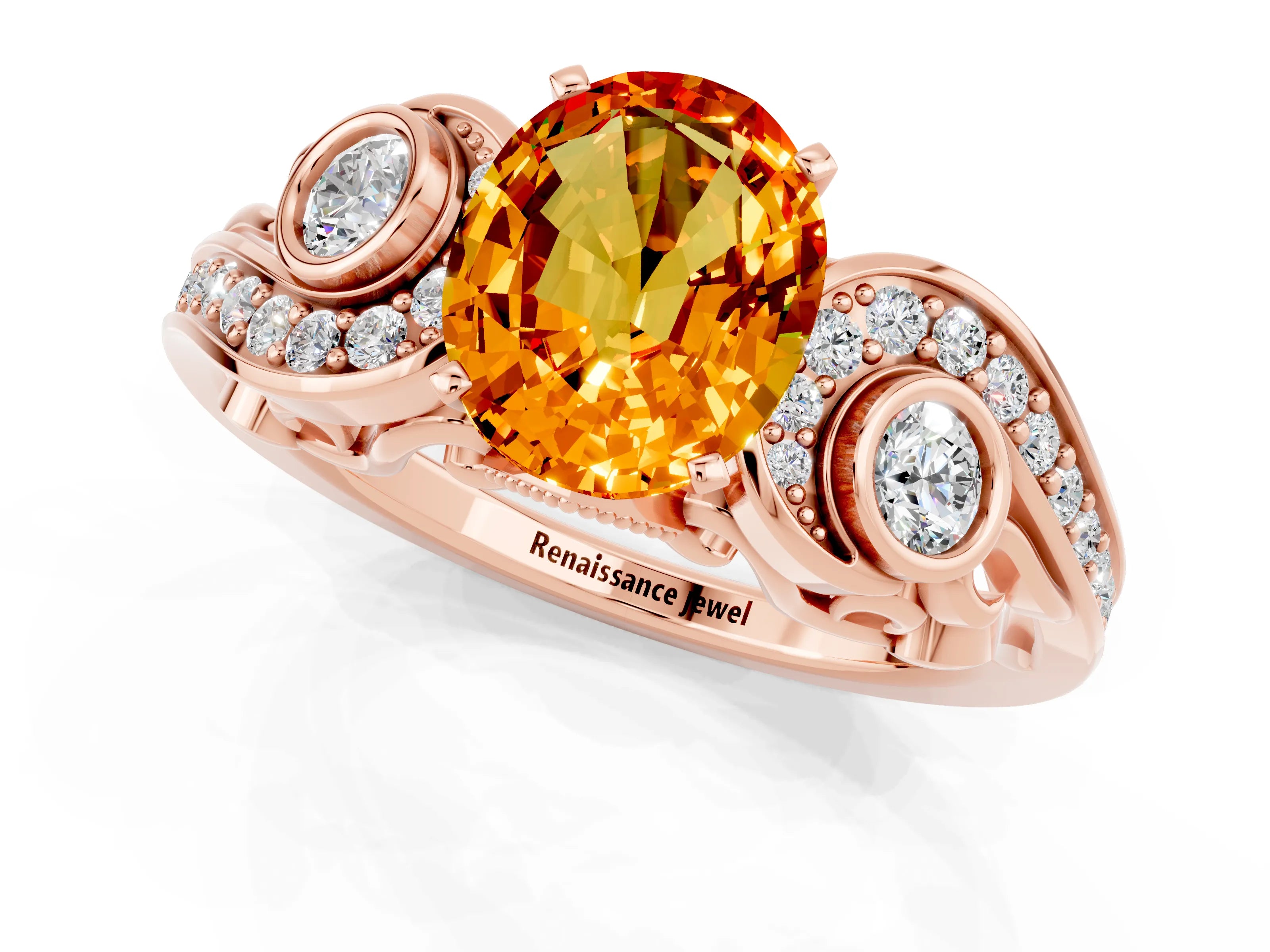 Rose gold Oval Cut Citrine Solitaire Ring with Milgrain Pavé Band and Four-Prong Setting_25