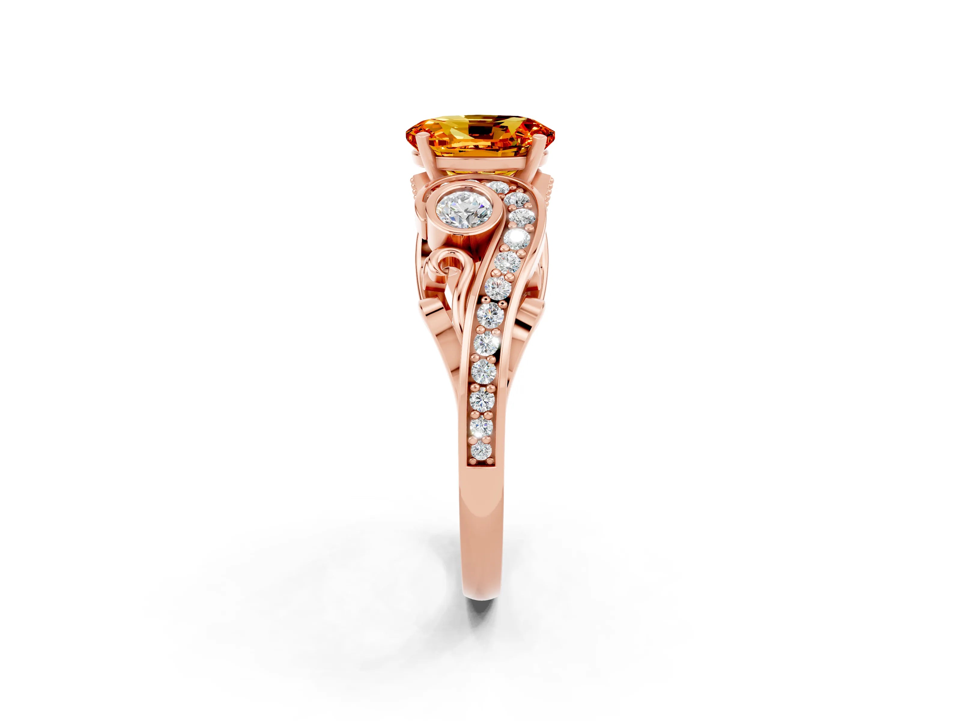 Rose gold Oval Cut Citrine Solitaire Ring with Milgrain Pavé Band and Four-Prong Setting_26