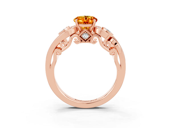Rose gold Oval Cut Citrine Solitaire Ring with Milgrain Pavé Band and Four-Prong Setting
