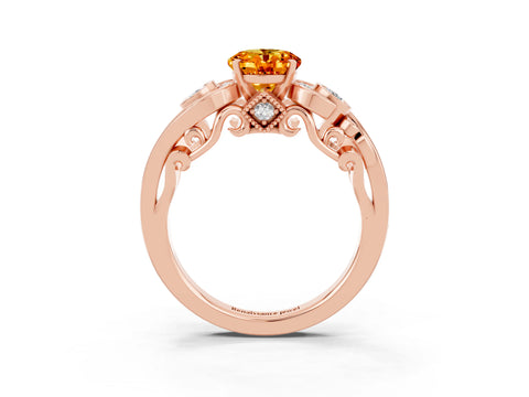 Rose gold Oval Cut Citrine Solitaire Ring with Milgrain Pavé Band and Four-Prong Setting_27