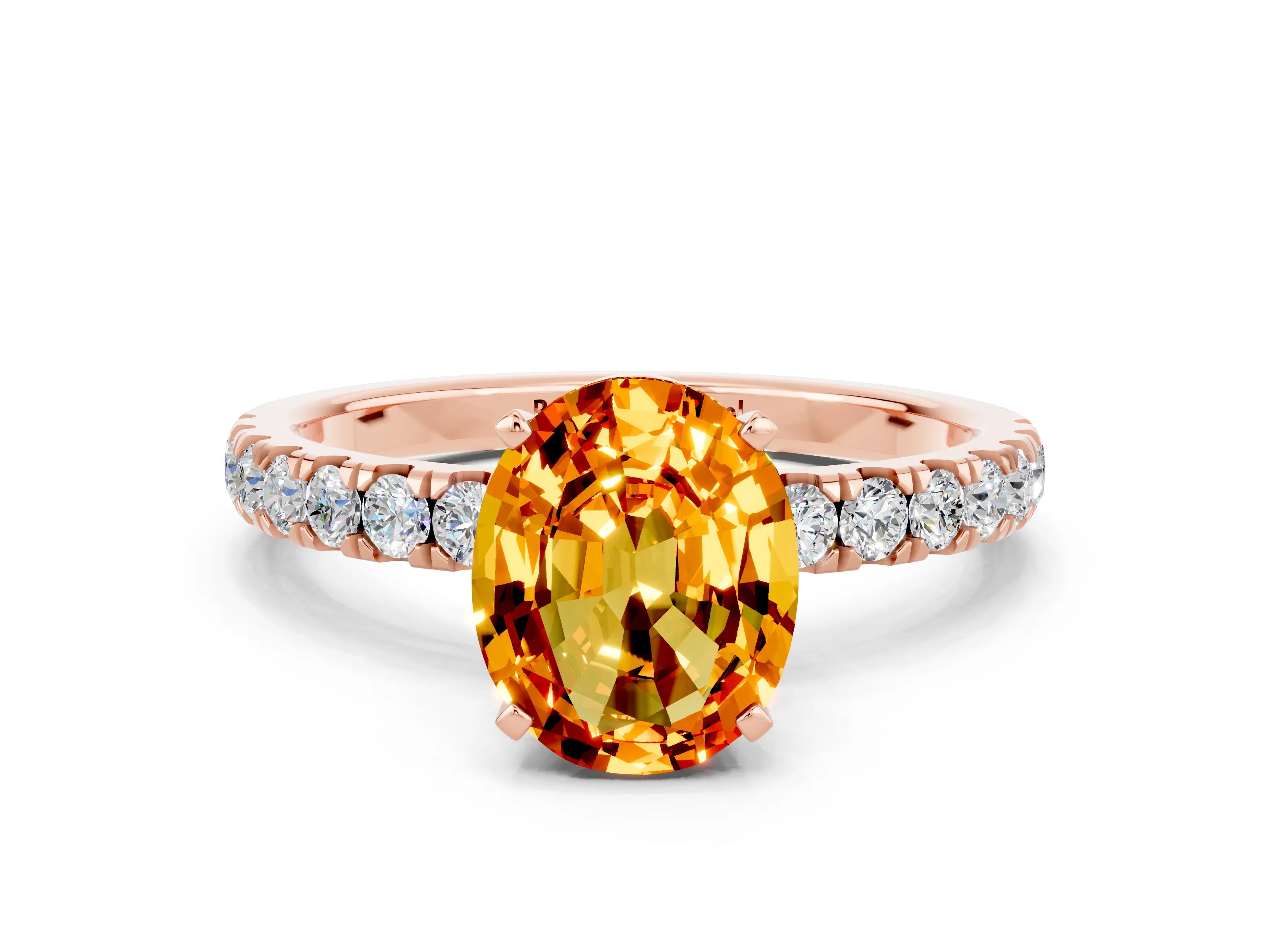 Rose gold Oval Cut Citrine Solitaire Ring with Pavé Accents and Four-Prong Setting