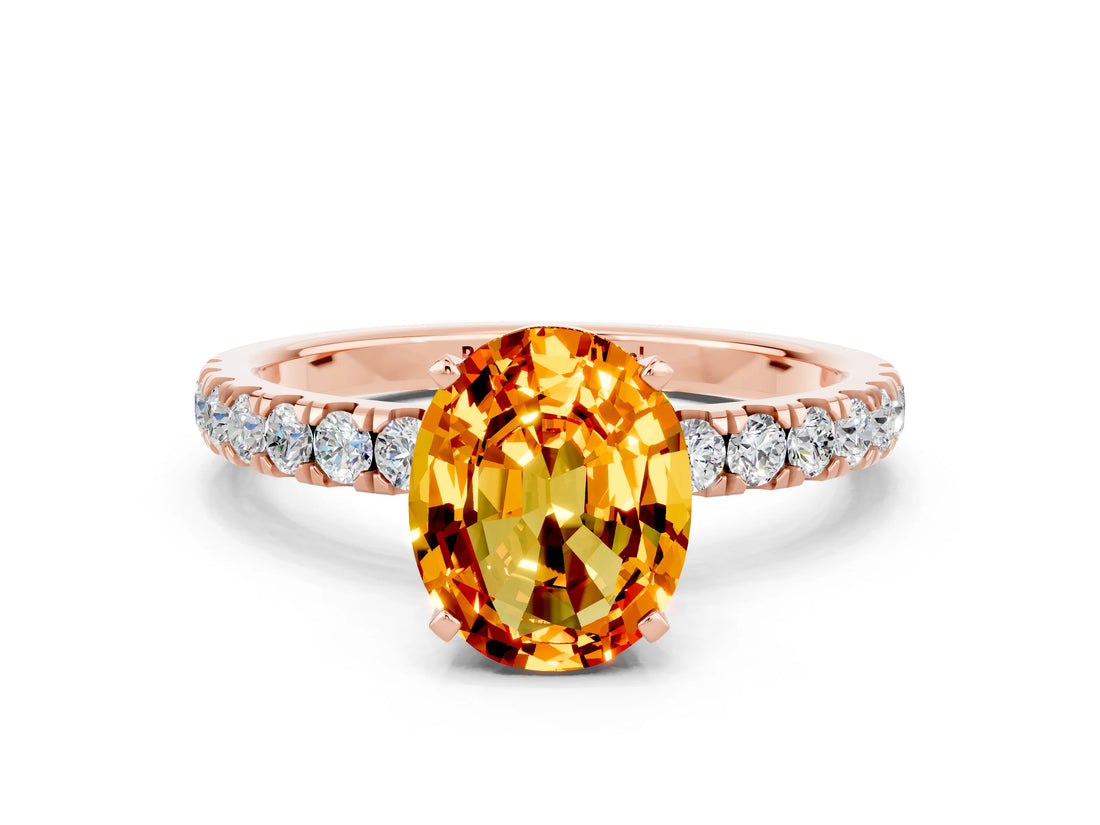Rose gold Oval Cut Citrine Solitaire Ring with Pavé Accents and Four-Prong Setting