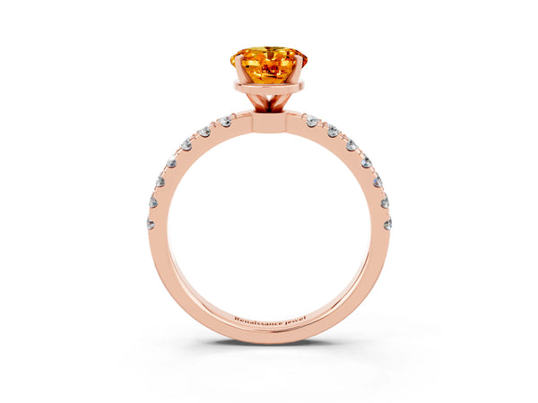 Rose gold Oval Cut Citrine Solitaire Ring with Pavé Accents and Four-Prong Setting