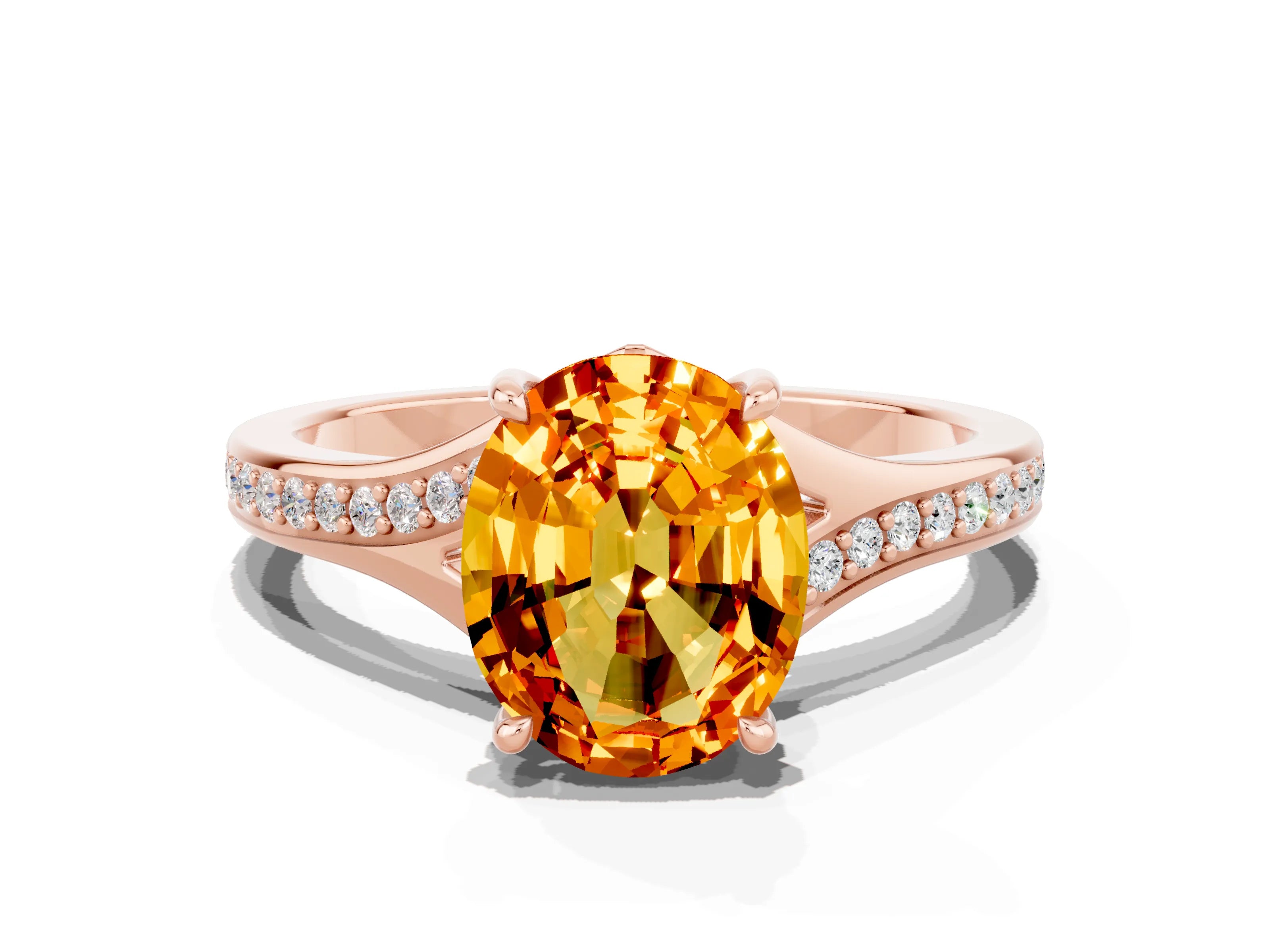 Rose gold Oval Cut Citrine Solitaire Ring with Pavé Band and Prong Setting_12
