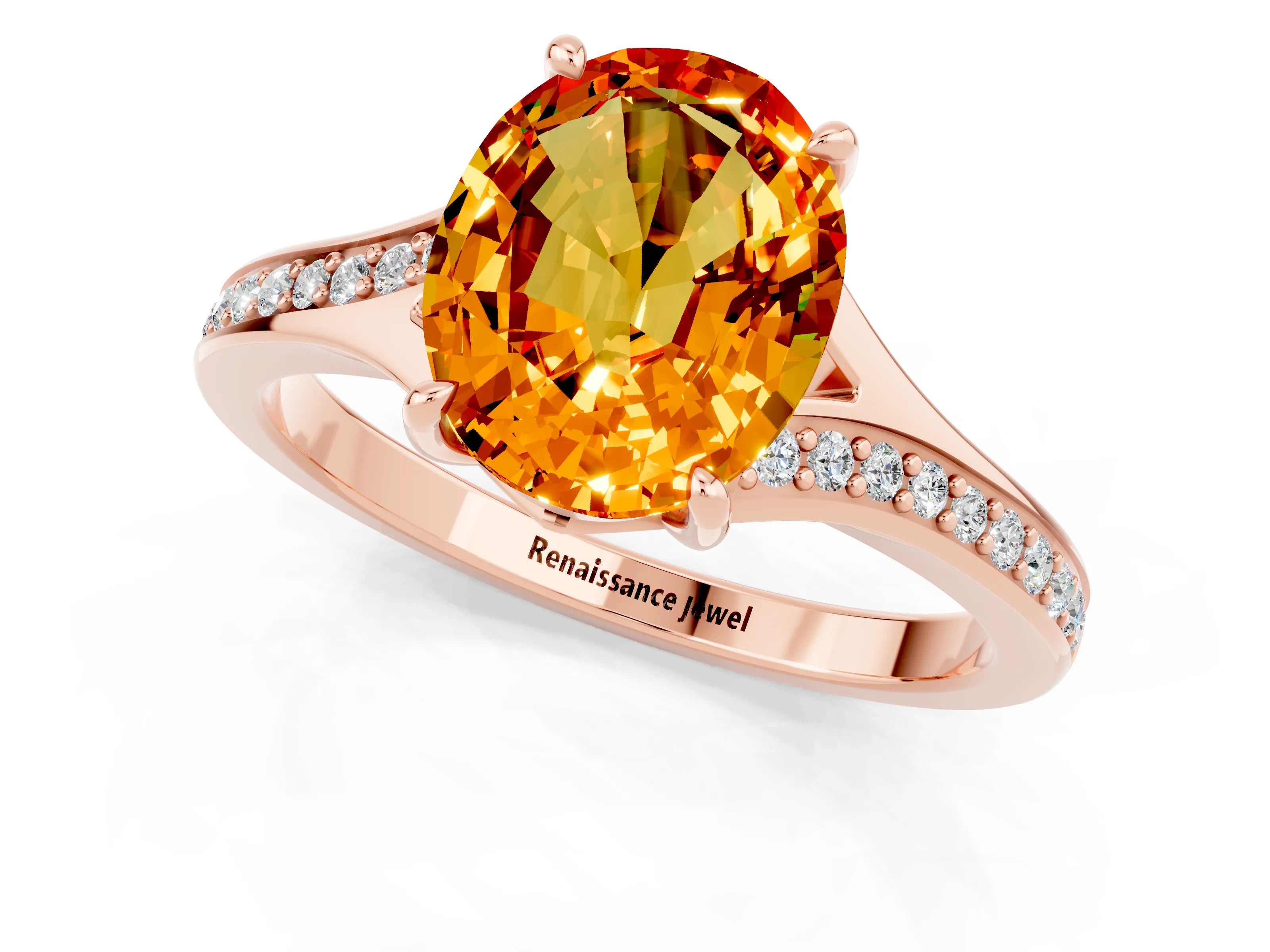 Rose gold Oval Cut Citrine Solitaire Ring with Pavé Band and Prong Setting_13