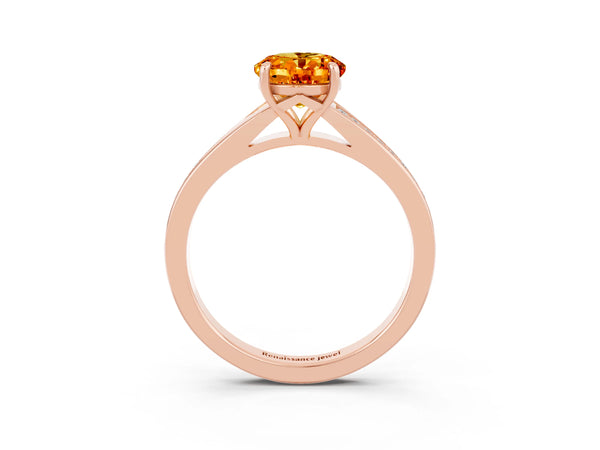 Rose gold Oval Cut Citrine Solitaire Ring with Pavé Band and Prong Setting