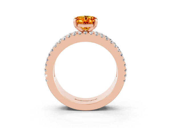 Rose gold Oval Cut Citrine Solitaire Ring with Pavé and Channel Set Band