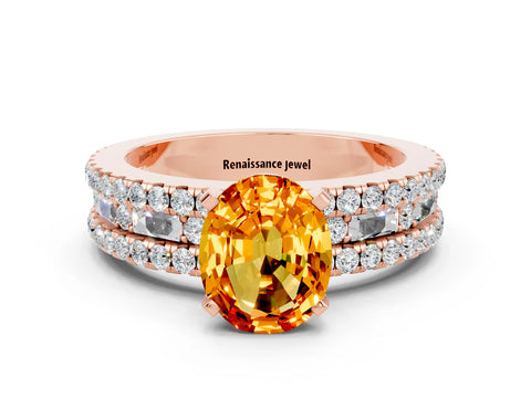 Rose gold Oval Cut Citrine Solitaire Ring with Pavé and Channel Set Band