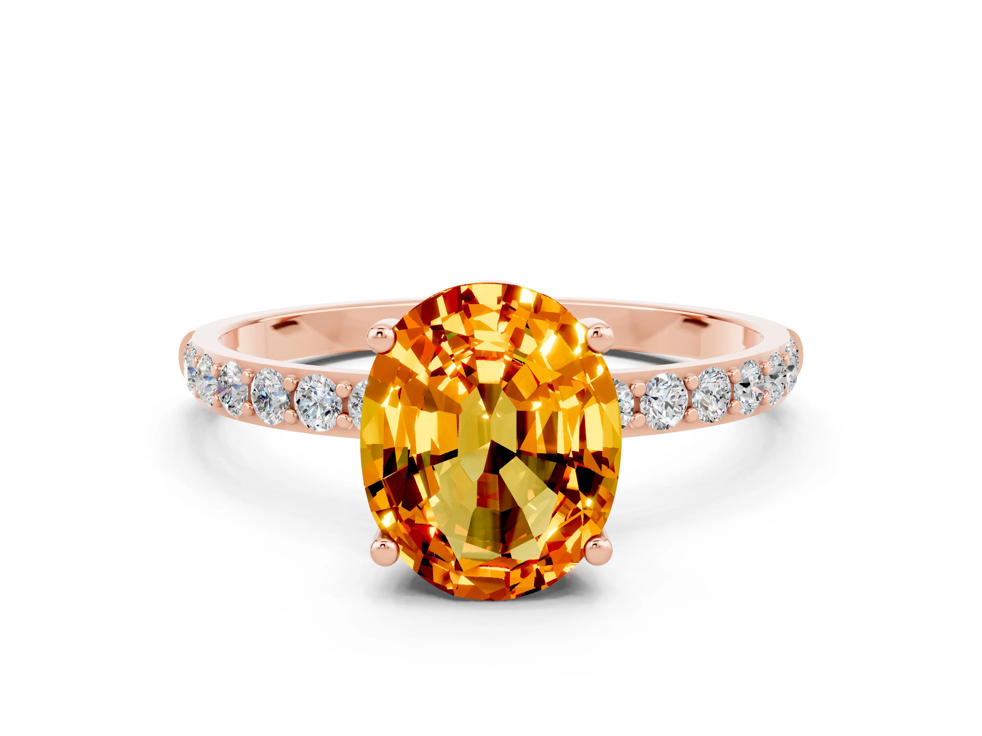 Rose gold Oval Cut Citrine Solitaire Ring with Pave Band and Four Prong Setting_12