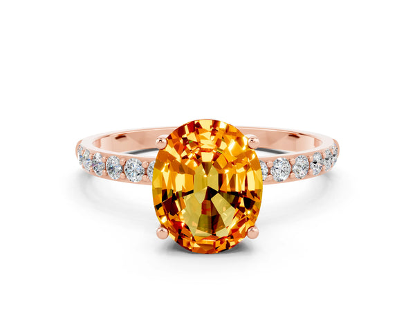Rose gold Oval Cut Citrine Solitaire Ring with Round  Pavé Band and Prong Setting
