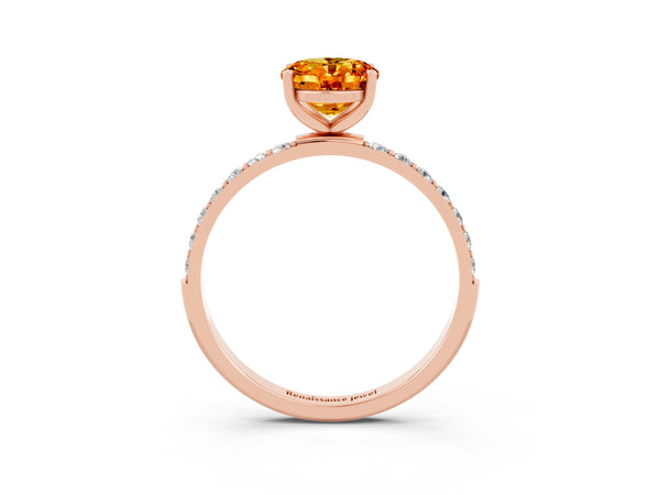 Rose gold Oval Cut Citrine Solitaire Ring with Round  Pavé Band and Prong Setting