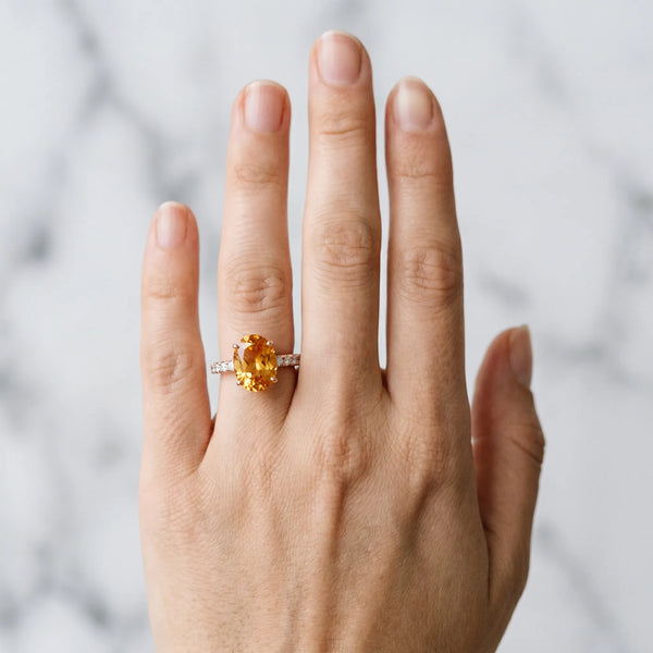 Rose gold Oval Cut Citrine Solitaire Ring with Round  Pavé Band and Four-Prong Setting