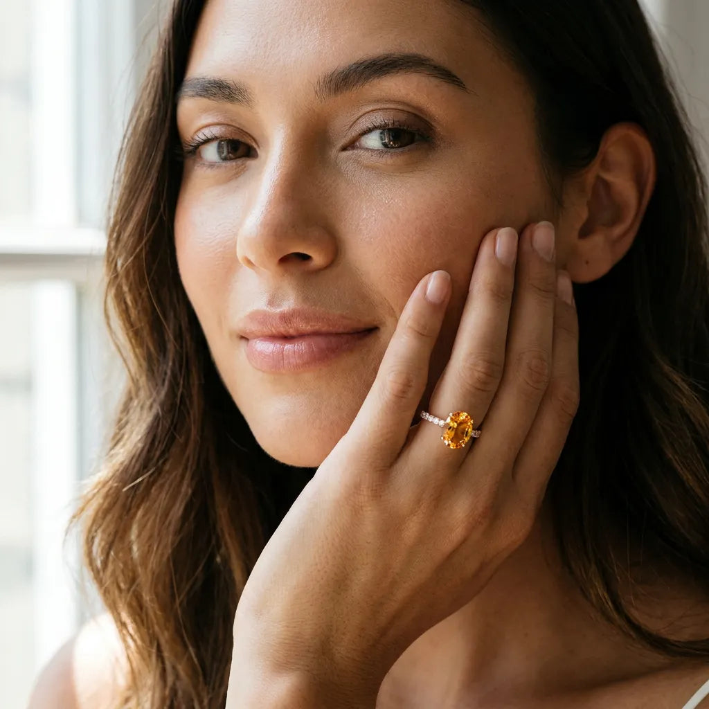 Rose gold Oval Cut Citrine Solitaire Ring with Round  Pavé Band and Four-Prong Setting_43