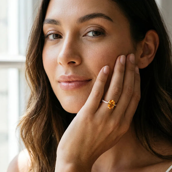 Rose gold Oval Cut Citrine Solitaire Ring with Round  Pavé Band and Four-Prong Setting
