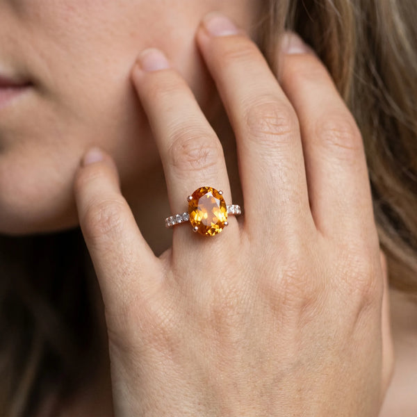 Rose gold Oval Cut Citrine Solitaire Ring with Round  Pavé Band and Four-Prong Setting