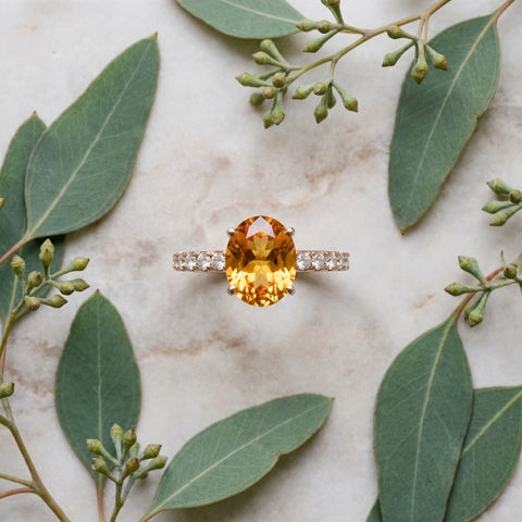 Rose gold Oval Cut Citrine Solitaire Ring with Round  Pavé Band and Four-Prong Setting_45