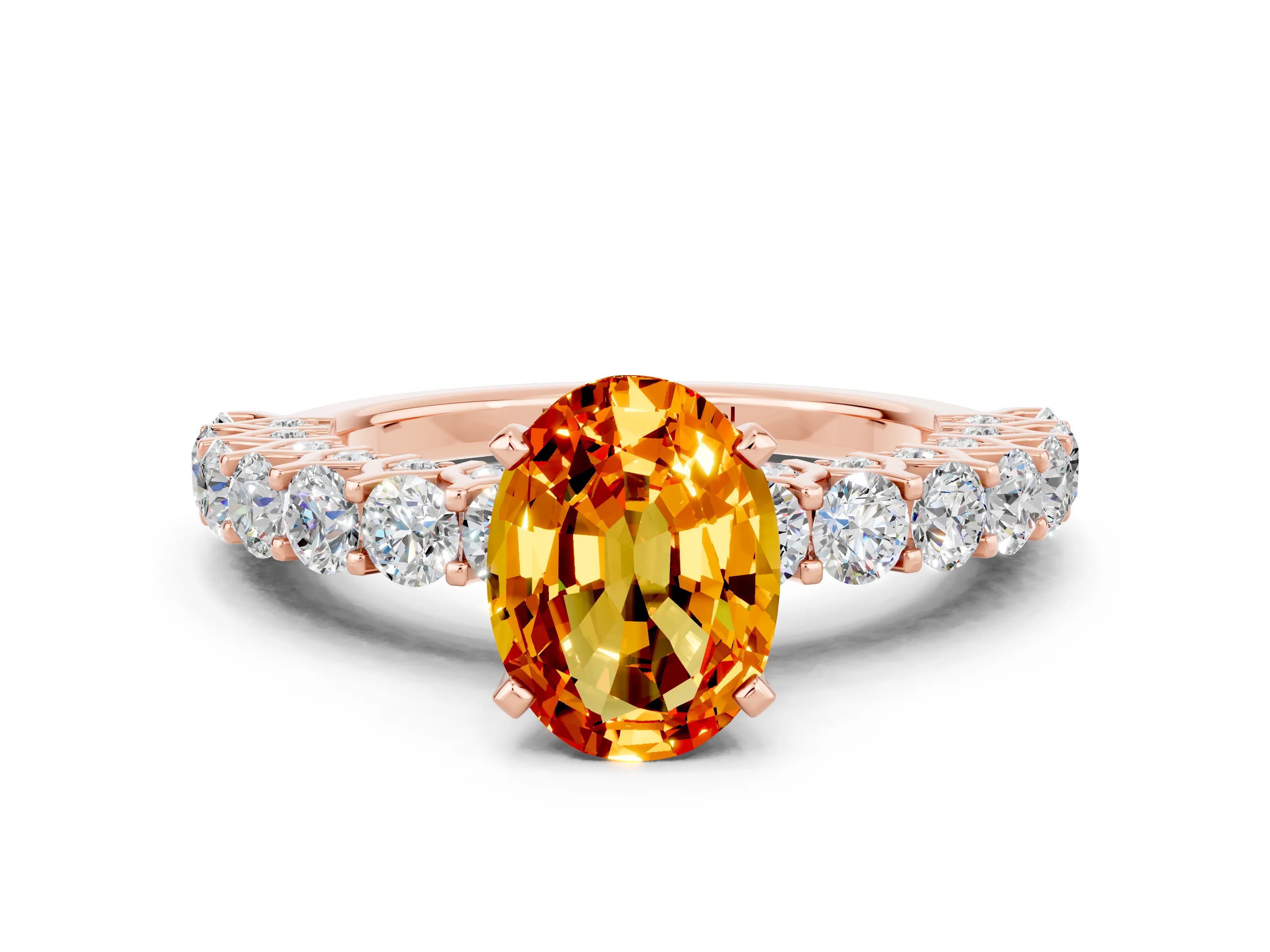 Rose gold Oval Cut Citrine Solitaire Ring with Shared Prong Pavé Band and Four-Prong Setting
