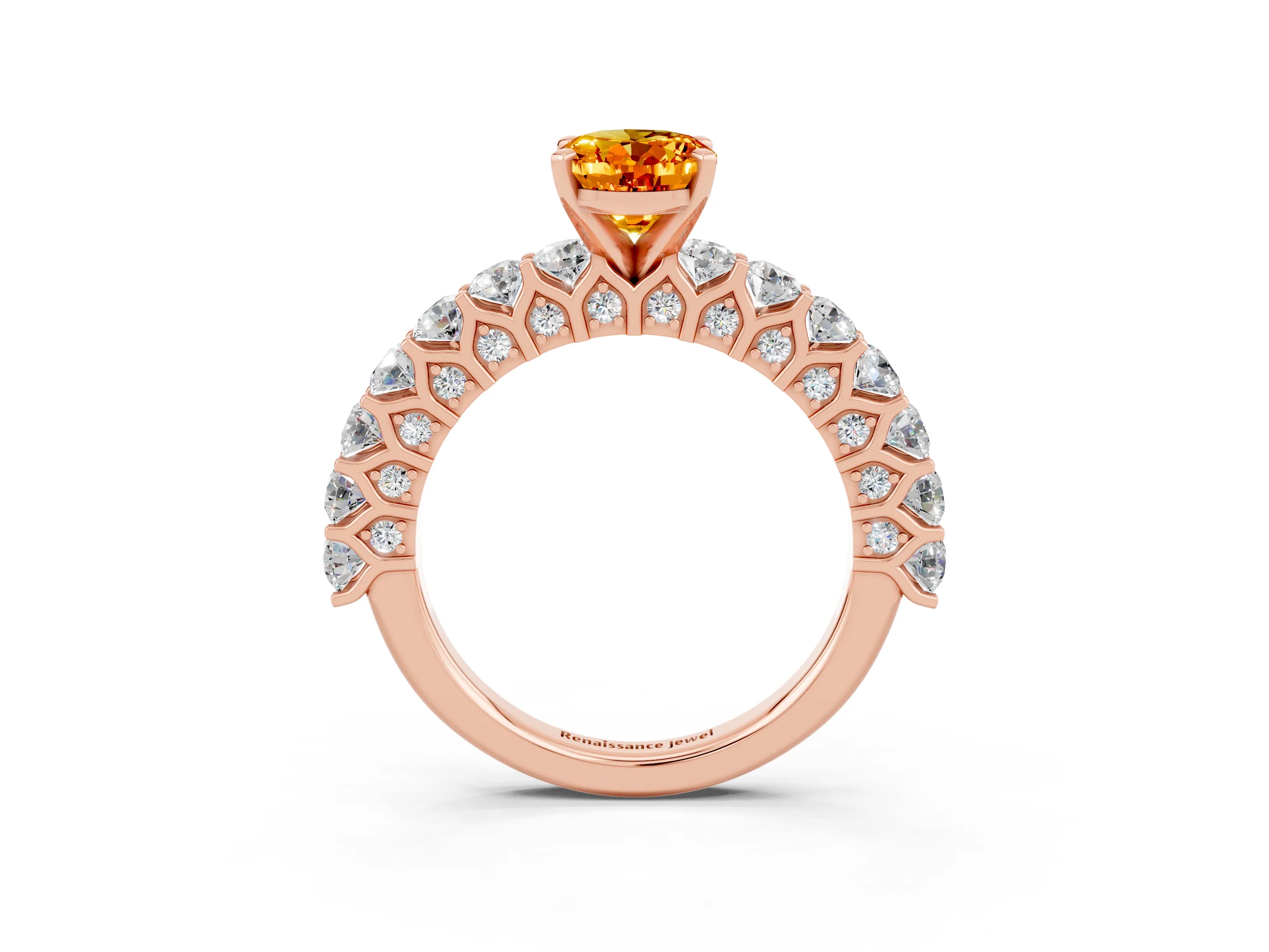 Rose gold Oval Cut Citrine Solitaire Ring with Shared Prong Pavé Band and Four-Prong Setting_3