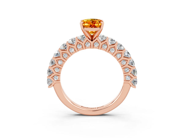 Rose gold Oval Cut Citrine Solitaire Ring with Shared Prong Pavé Band and Four-Prong Setting