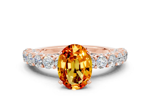 Rose gold Oval Cut Citrine Solitaire Ring with Shared Prong Pavé Band and Four-Prong Setting