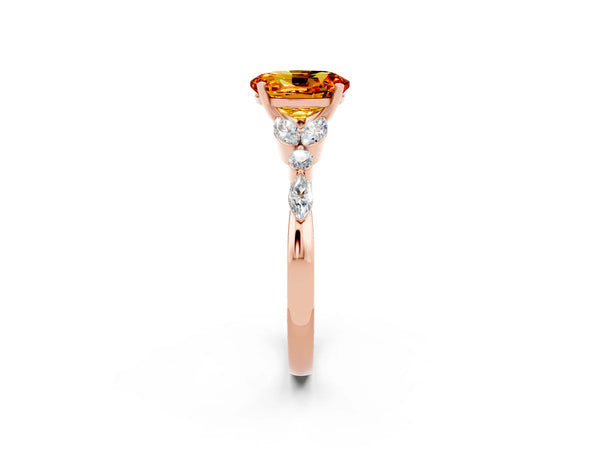Rose gold Oval Cut Citrine Solitaire Ring with Side Stones and Four-Prong Setting