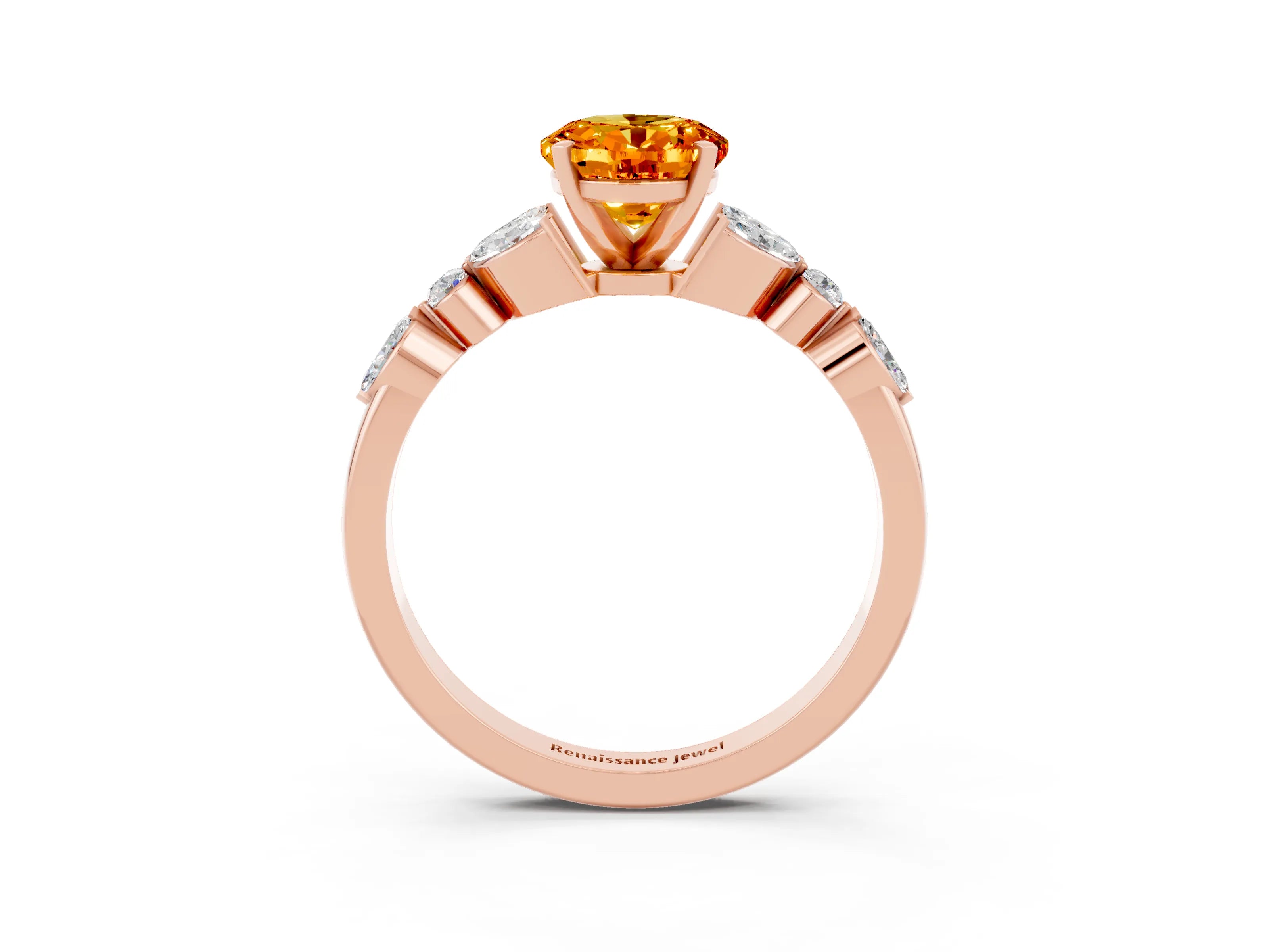 Rose gold Oval Cut Citrine Solitaire Ring with Side Stones and Four-Prong Setting_15