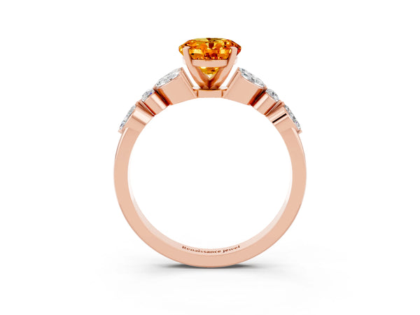 Rose gold Oval Cut Citrine Solitaire Ring with Side Stones and Four-Prong Setting