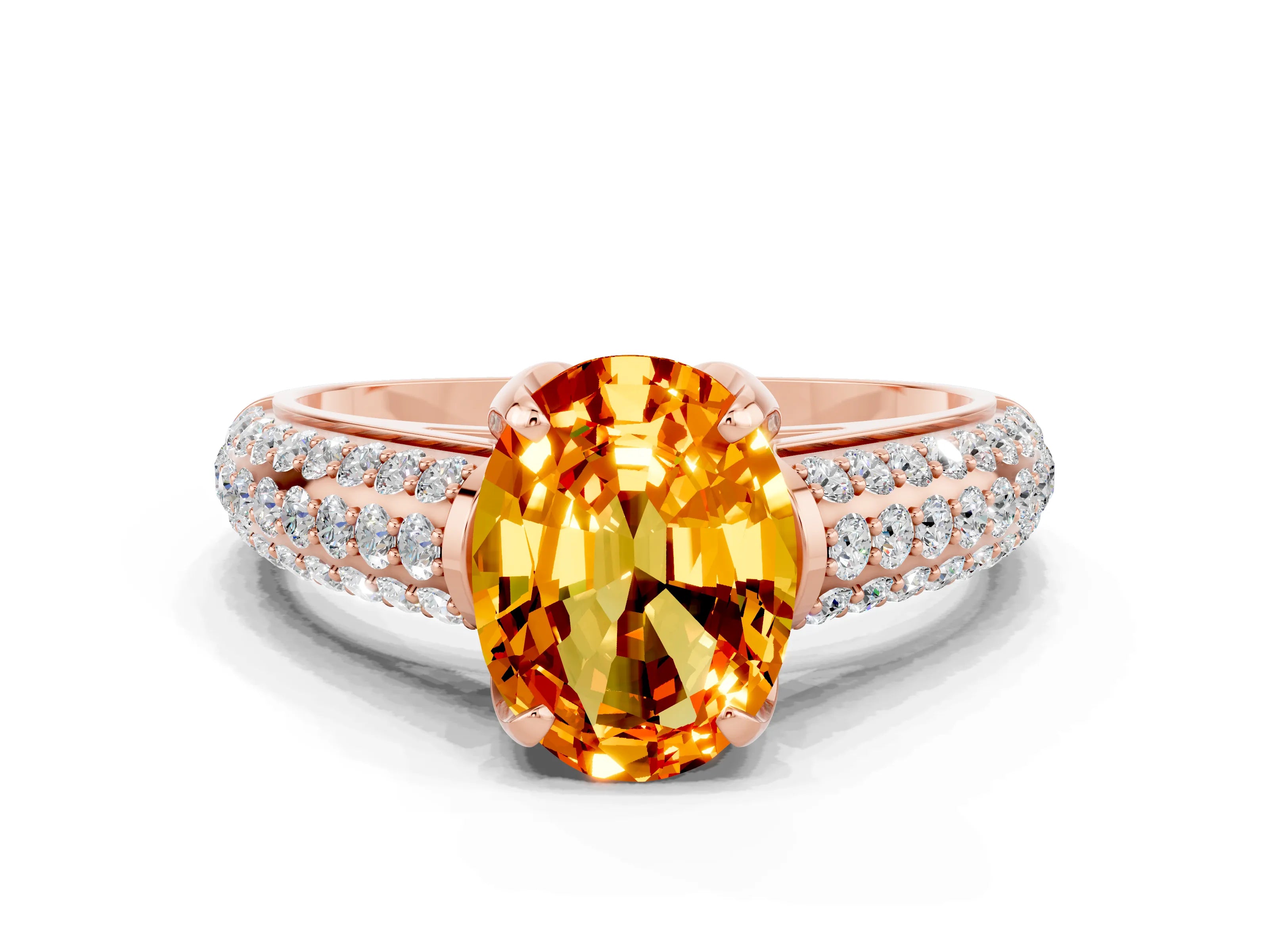 Rose gold Oval Cut Citrine Solitaire Ring with Three-Row Pavé Band and Four-Prong Setting_12